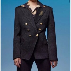 OO LA LA Black Couture Double Breasted Blazer Lizard Brooch Gold Crest Button 8‎
